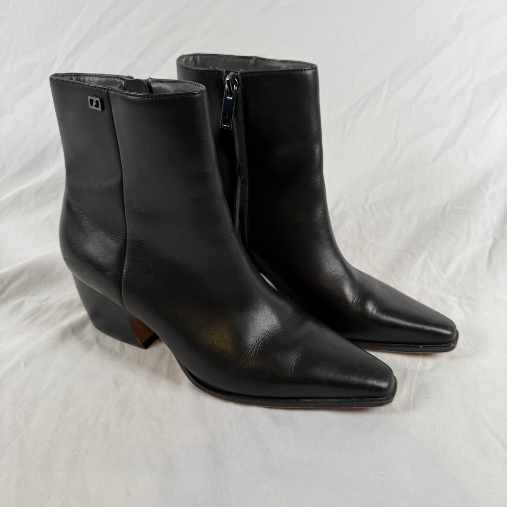 Franco Sarto L-Vivian Black Leather Pointed Toe Block Heel Ankle Boots Womens 8M